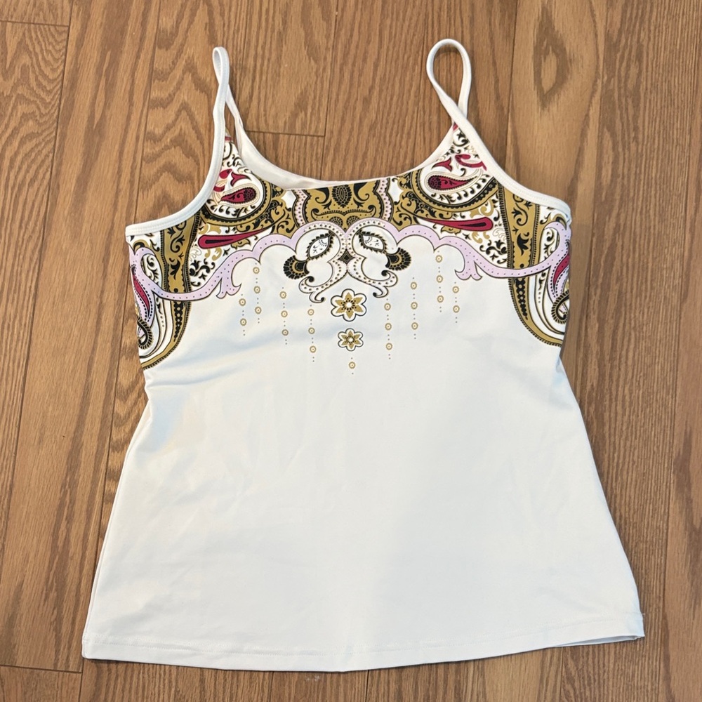 Athleta White work out Tank Top with Gold and Pink Patterns